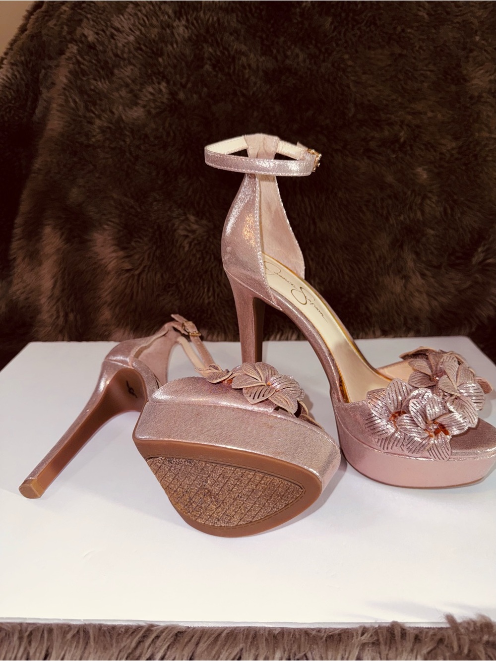 Jessica Simpson Rose Gold Floral Platform Ankle-Strap Heels